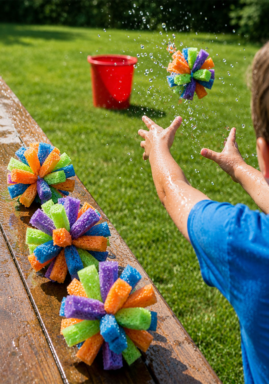 DIY colorful sponge balls soaking wet next to a child throwing one at a red bucket in a backyard pool party activity
