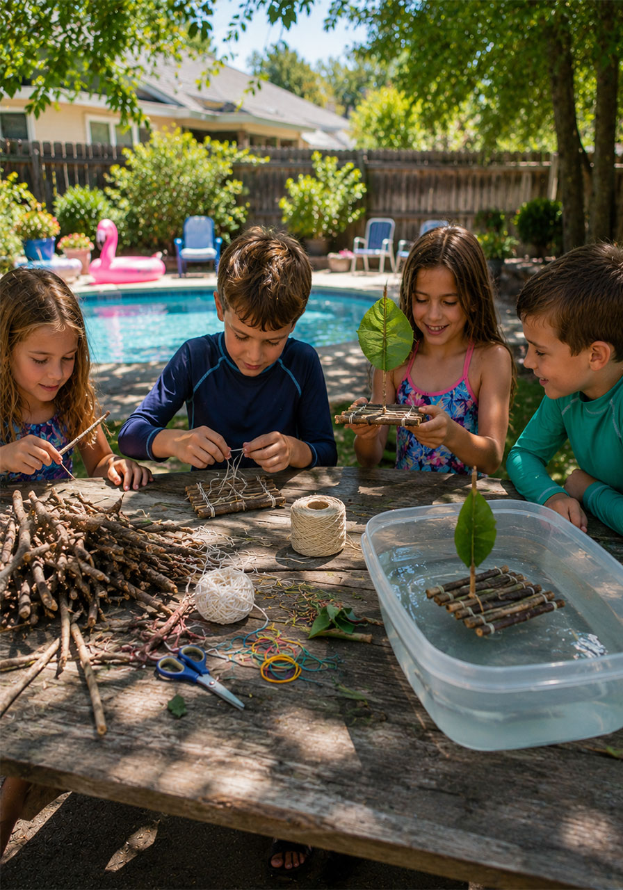Kids building DIY stick rafts as a nature craft challenge activity at a summer backyard pool party