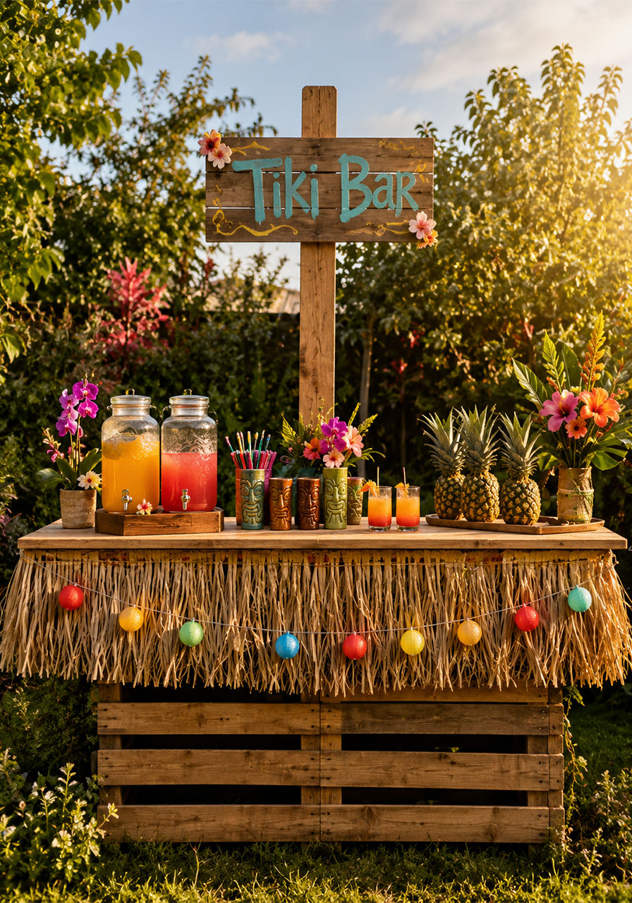 DIY wooden pallet tiki bar with tropical drinks and string lights for backyard luau party