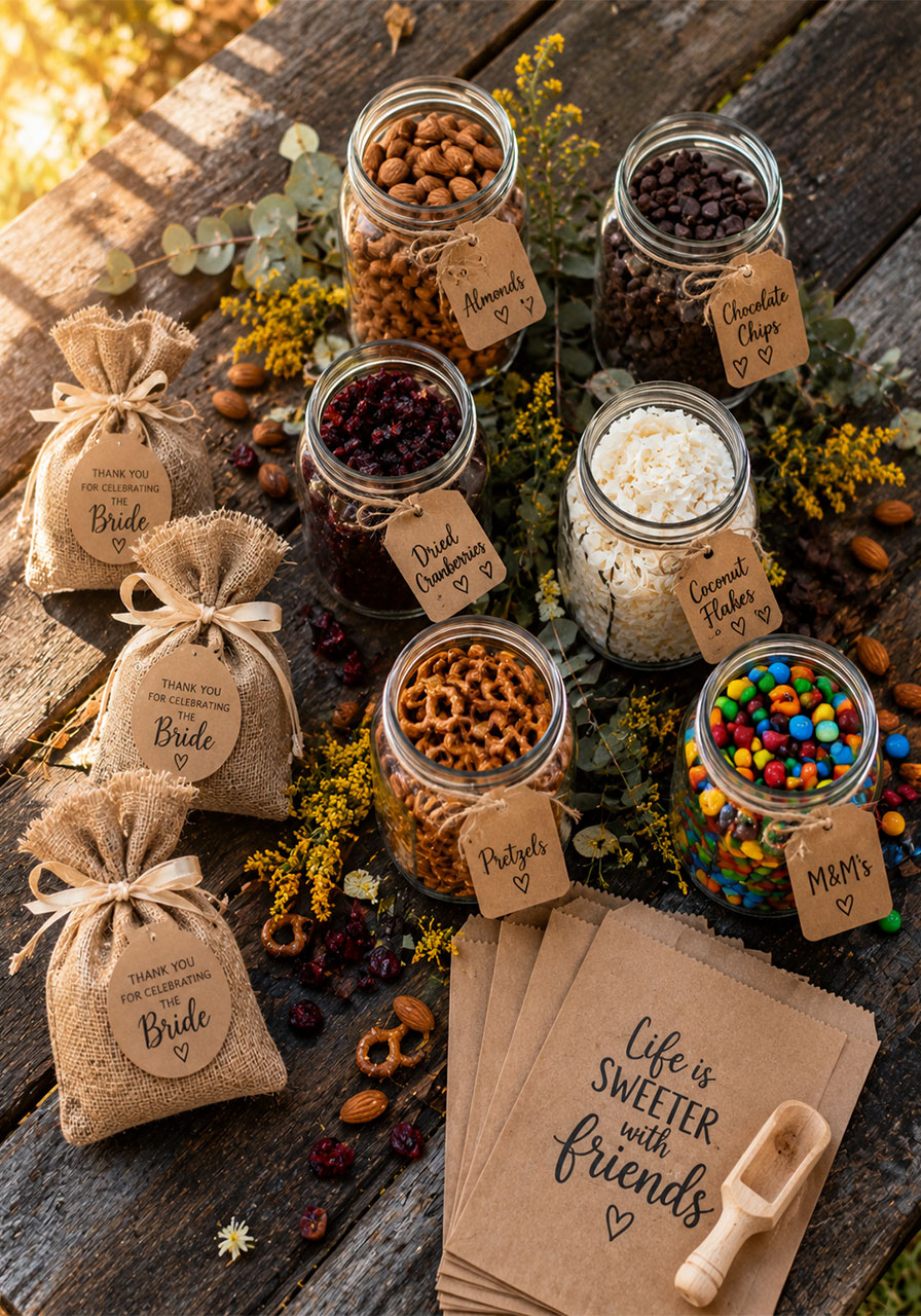 DIY trail mix bar setup with glass mason jars of nuts and chocolate at camp bachelorette party with personalized kraft paper favor bags