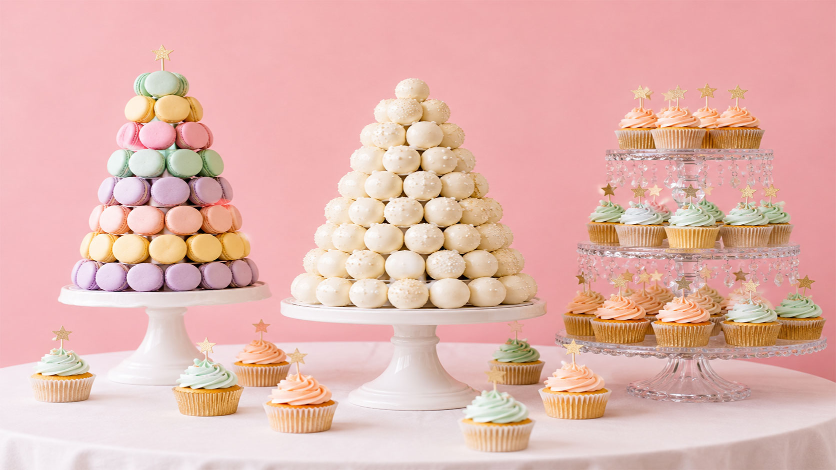 Dreamy pastel dessert display with macaron tower, cake pop pyramid, and tiered cupcake stand for a 10th birthday party sweet table