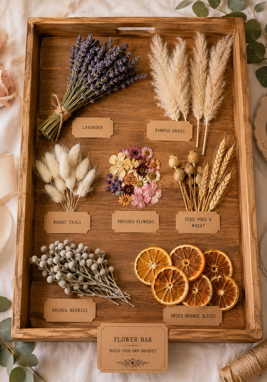 Dried flower accent tray for bridal shower flower bar with lavender pampas grass bunny tails pressed flowers and brunia berries