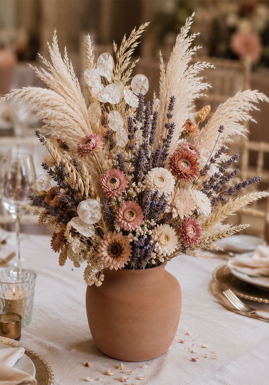 Sculptural dried flower and pampas grass arrangement in an earthy terracotta vase as a boho bridal shower table centerpiece