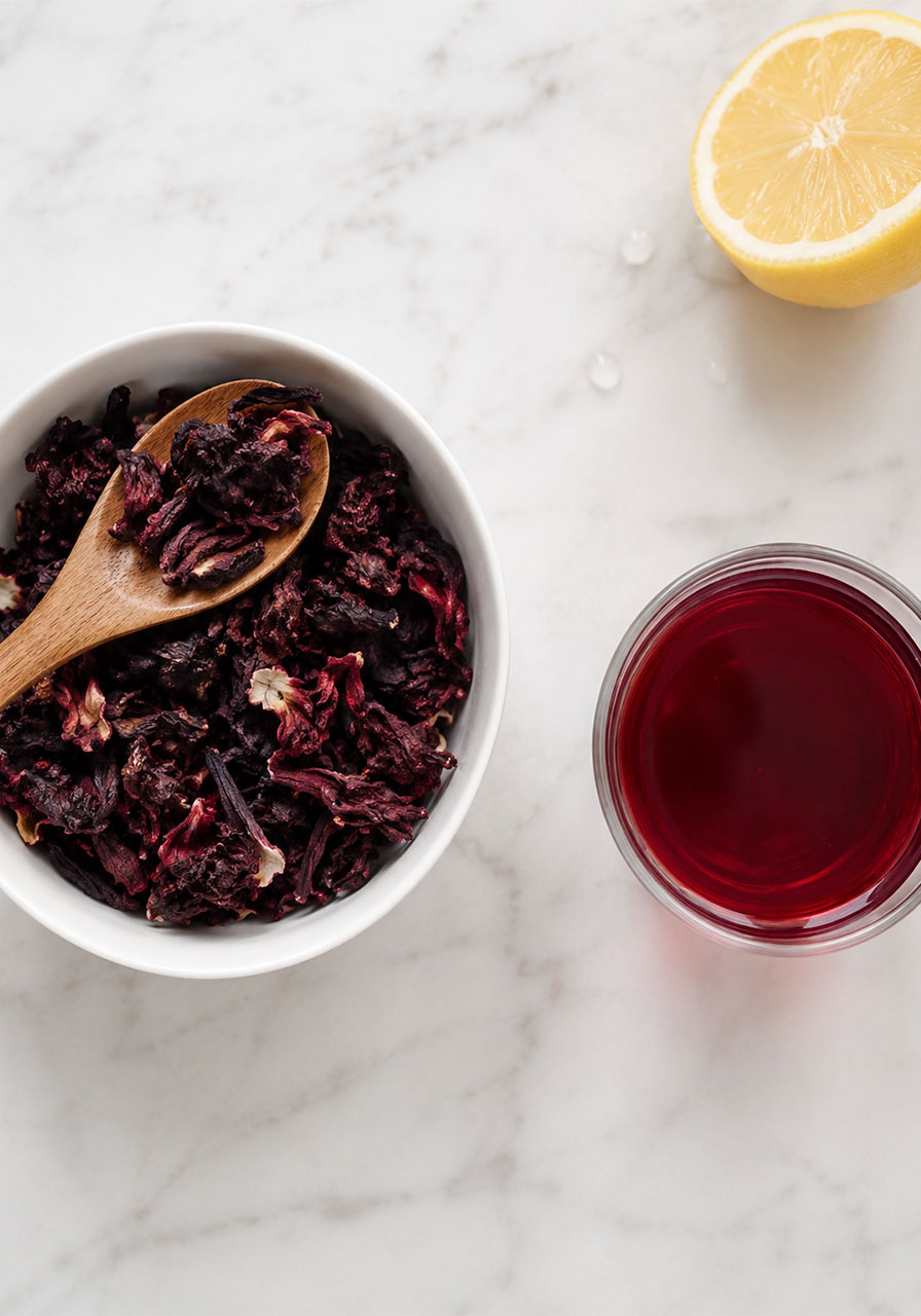 Overhead flat lay of dried hibiscus flowers in a white bowl next to a glass of freshly brewed ruby-red hibiscus tea on a marble surface