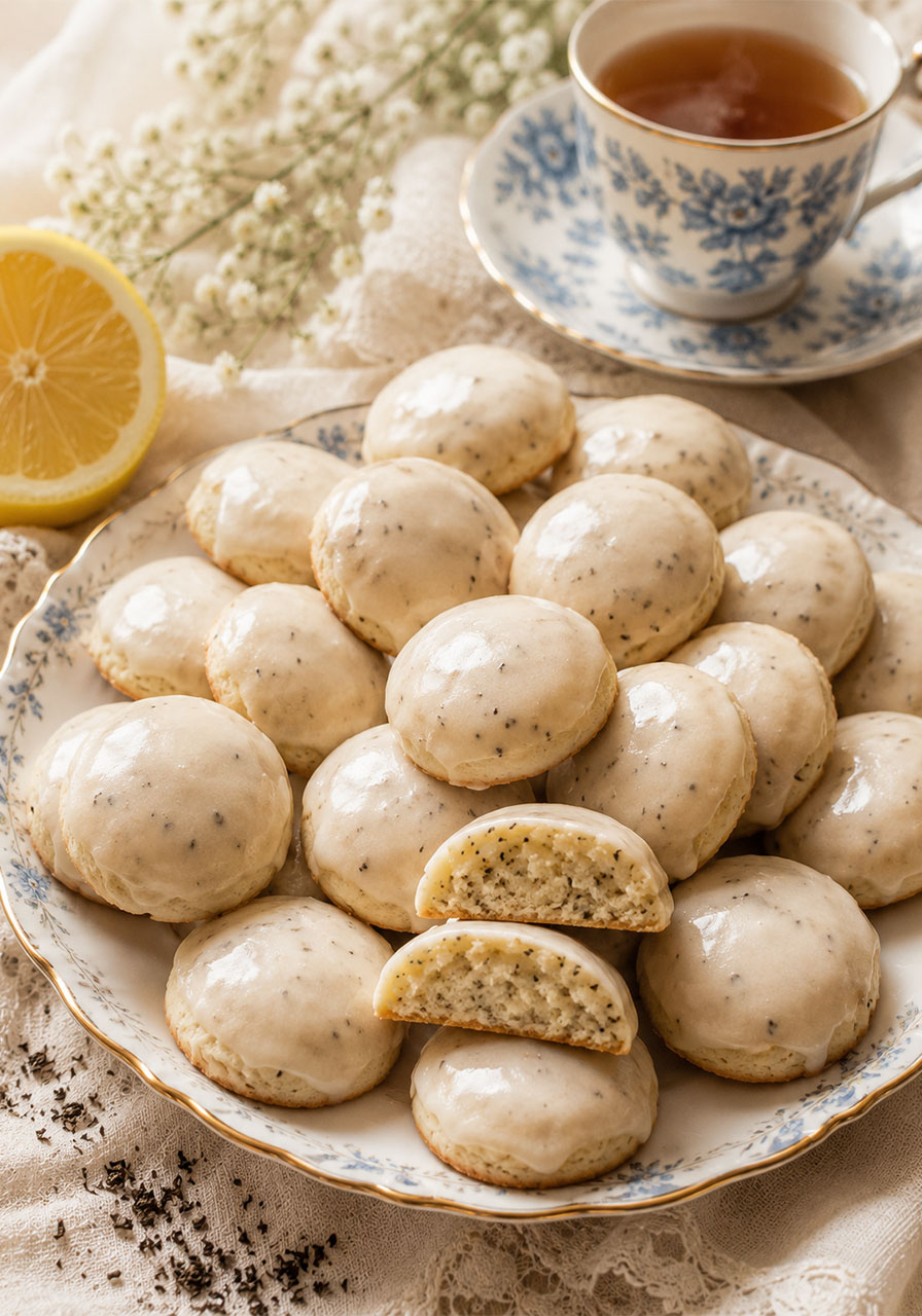 Earl Grey cookies with shiny lemon glaze on a vintage gold-rimmed plate for an afternoon tea party