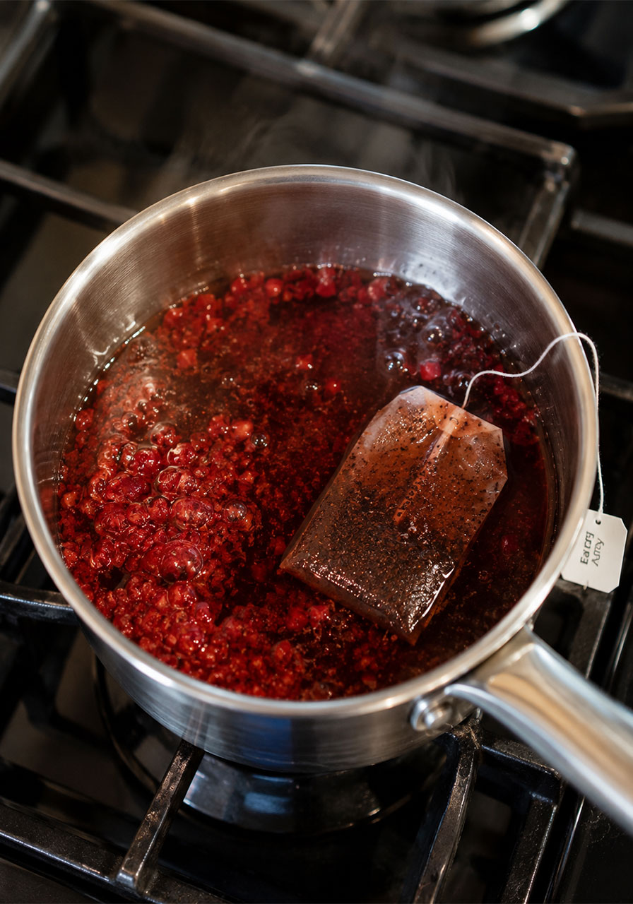 Brewing Earl Grey tea with mashed raspberries in a saucepan