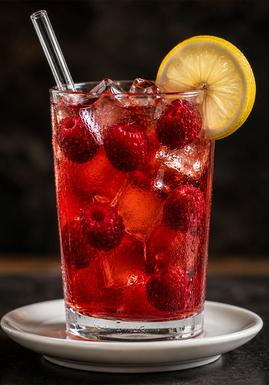 Close-up of Earl Grey raspberry iced tea garnished with raspberries and lemon