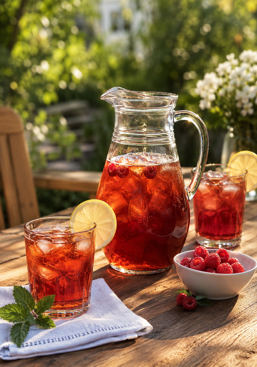 Pitcher of Earl Grey raspberry iced tea served at an outdoor party table