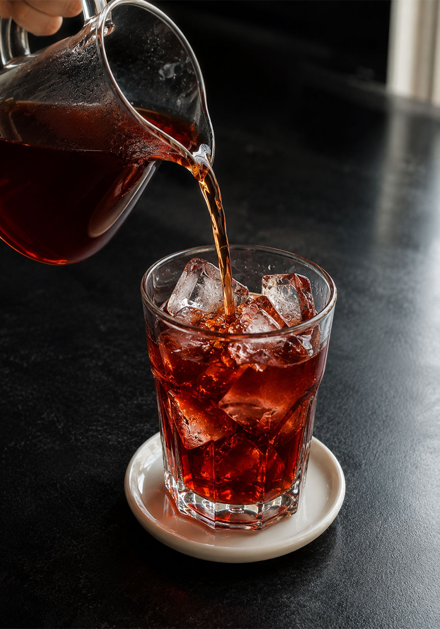 Pouring brewed Earl Grey raspberry tea over ice into a glass