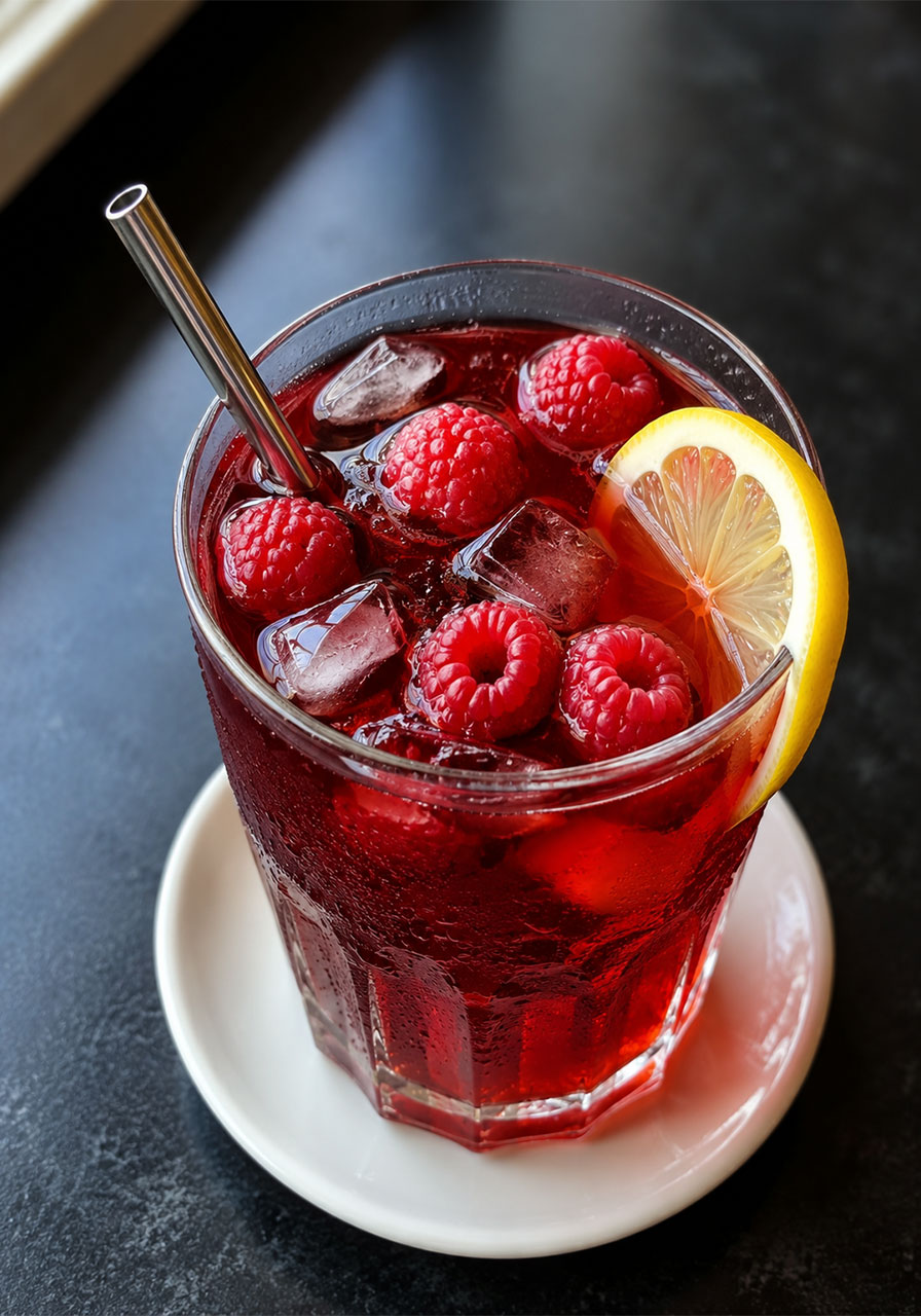 Glass of Earl Grey raspberry iced tea with fresh raspberries and lemon