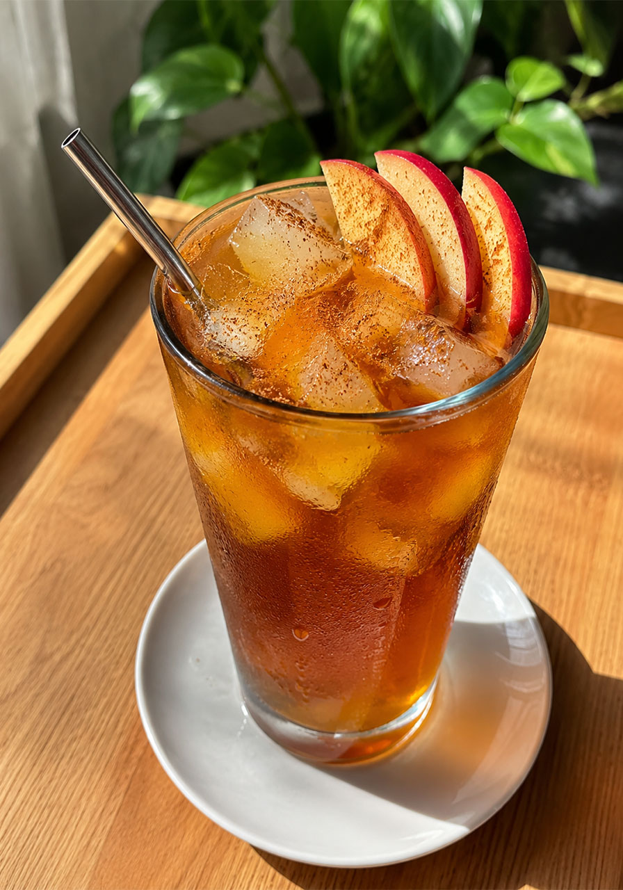 Easy apple cinnamon iced tea in a tall glass with fresh apple slices and ice cubes