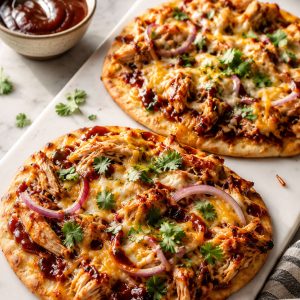 Easy BBQ chicken flatbread recipe with melted cheese, shredded rotisserie chicken, red onion, and fresh cilantro on a white serving board