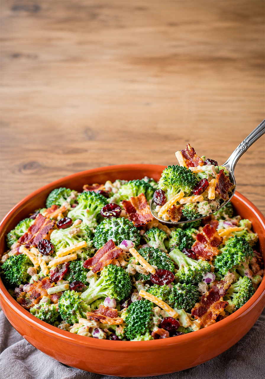 Easy broccoli bacon salad recipe pin image with bacon, cranberries, and cheddar
