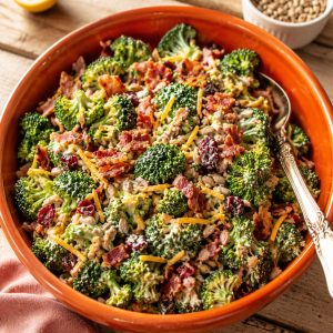 Easy broccoli bacon salad recipe in an orange bowl, overhead view