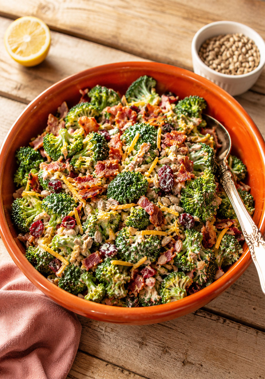 Easy broccoli bacon salad recipe in an orange bowl, overhead view