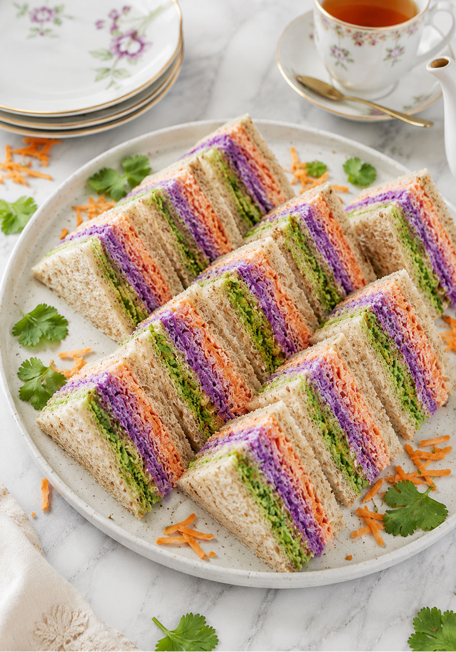 Colorful layered tea party finger sandwiches with green avocado, orange carrot, and purple cabbage yogurt spreads on a white platter