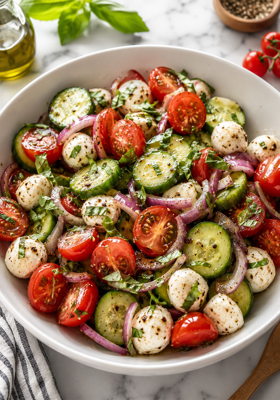 Easy cucumber caprese salad in a white serving bowl with cherry tomatoes, mozzarella, cucumber, and fresh basil
