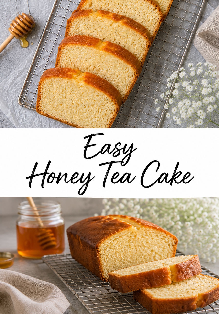 Easy honey tea cake recipe pin for Pinterest with moist loaf photos