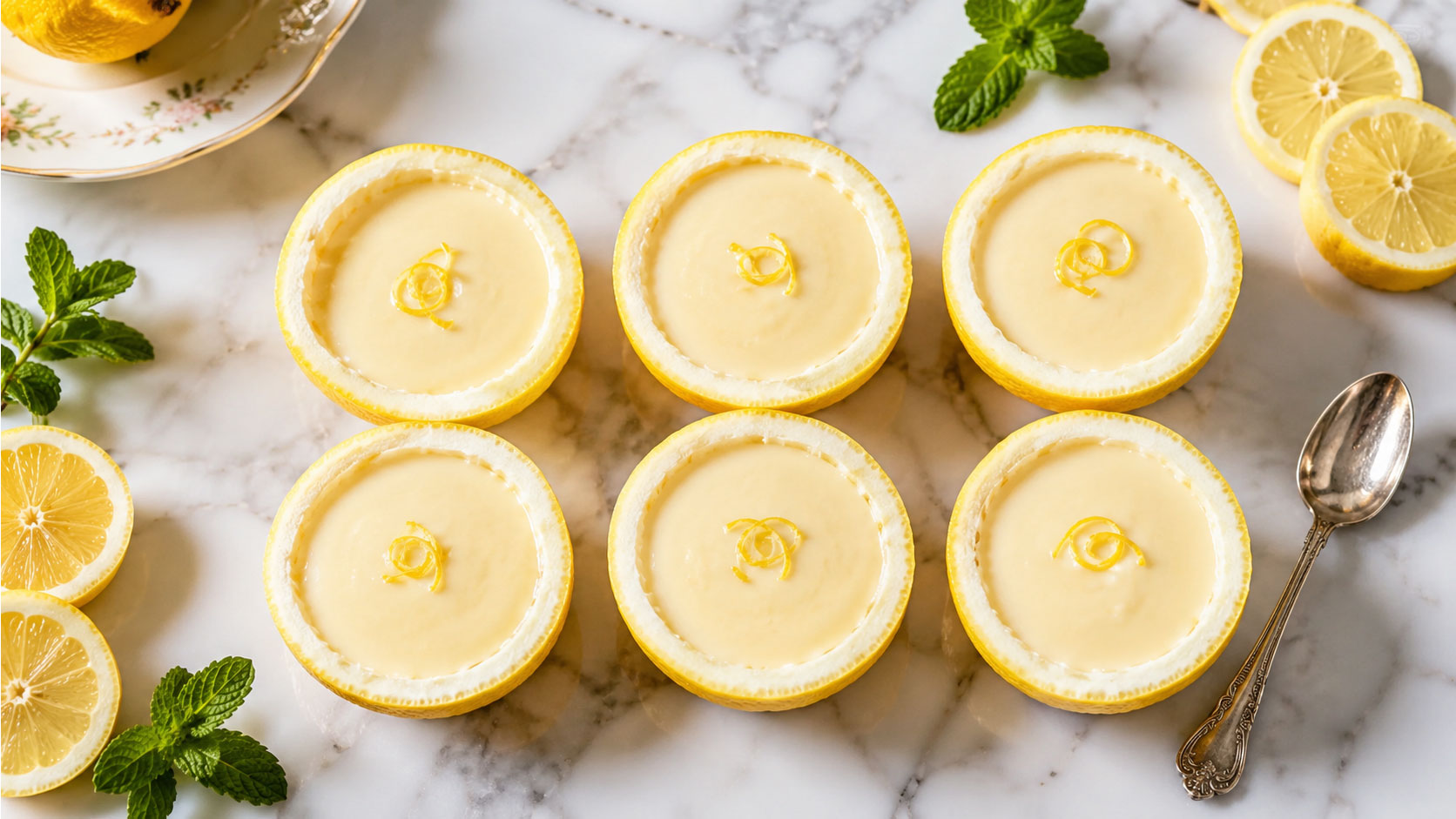 Six easy lemon posset desserts served in hollowed lemon shells on white marble with vintage silver spoon