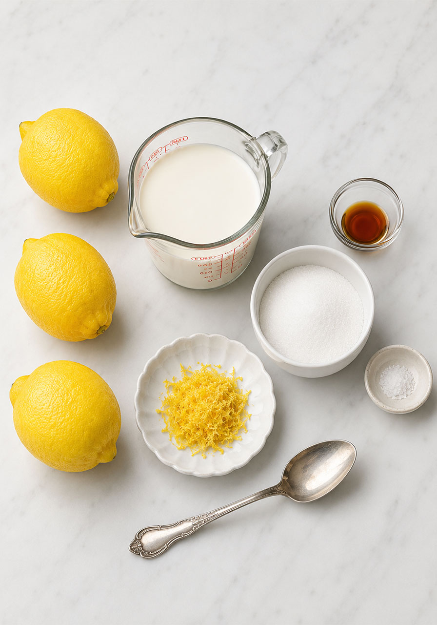 All ingredients for easy lemon posset including lemons, heavy cream, sugar, salt, lemon zest, and vanilla extract arranged in flat lay