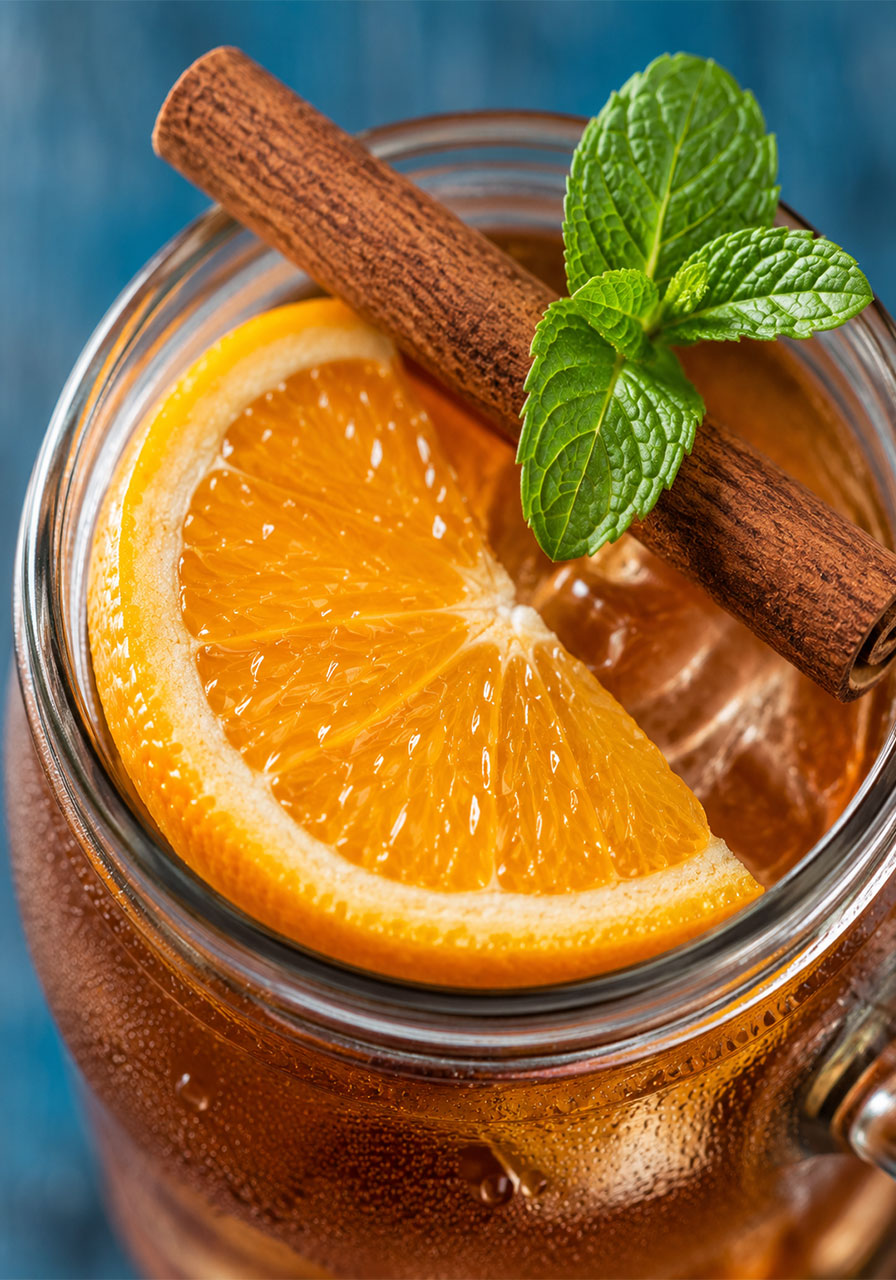 Close-up garnish of orange slice and cinnamon stick on Easy Orange Cinnamon Iced Tea Recipe