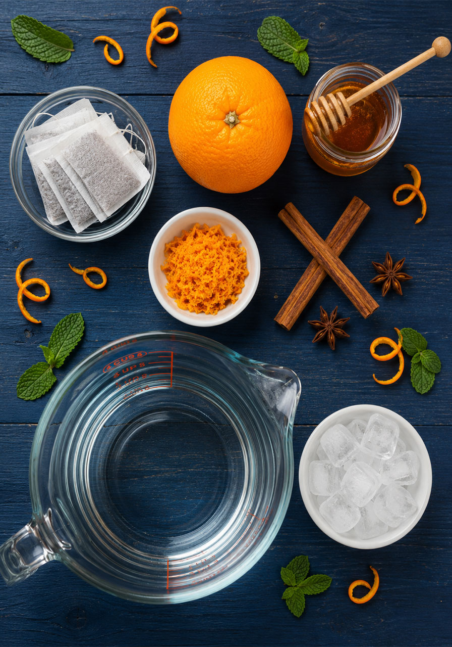 Ingredients flat lay for Easy Orange Cinnamon Iced Tea Recipe including black tea, orange, and cinnamon sticks