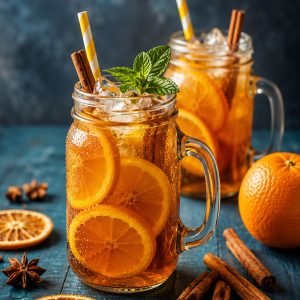 Easy Orange Cinnamon Iced Tea Recipe served in mason jars with orange slices and cinnamon sticks