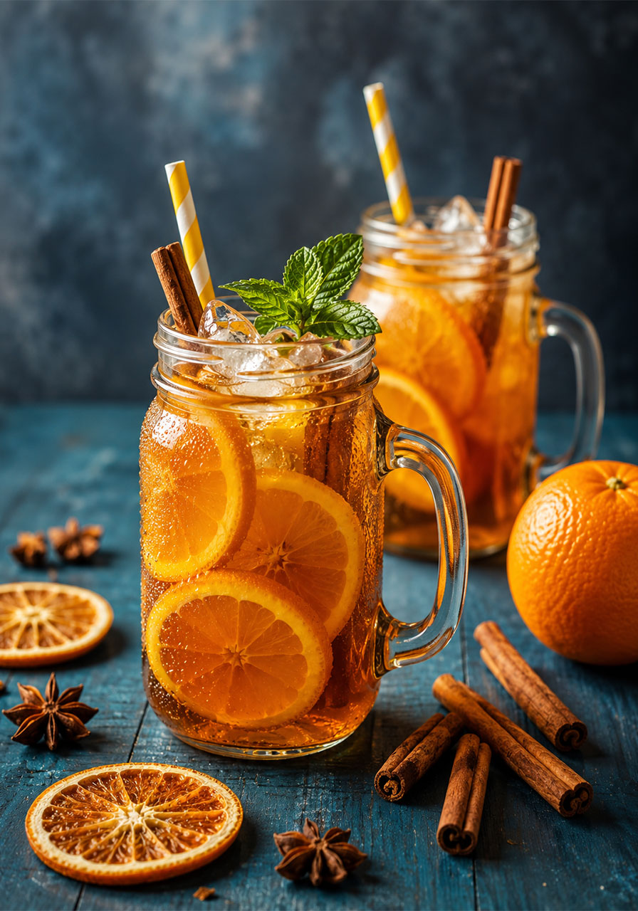 Easy Orange Cinnamon Iced Tea Recipe served in mason jars with orange slices and cinnamon sticks