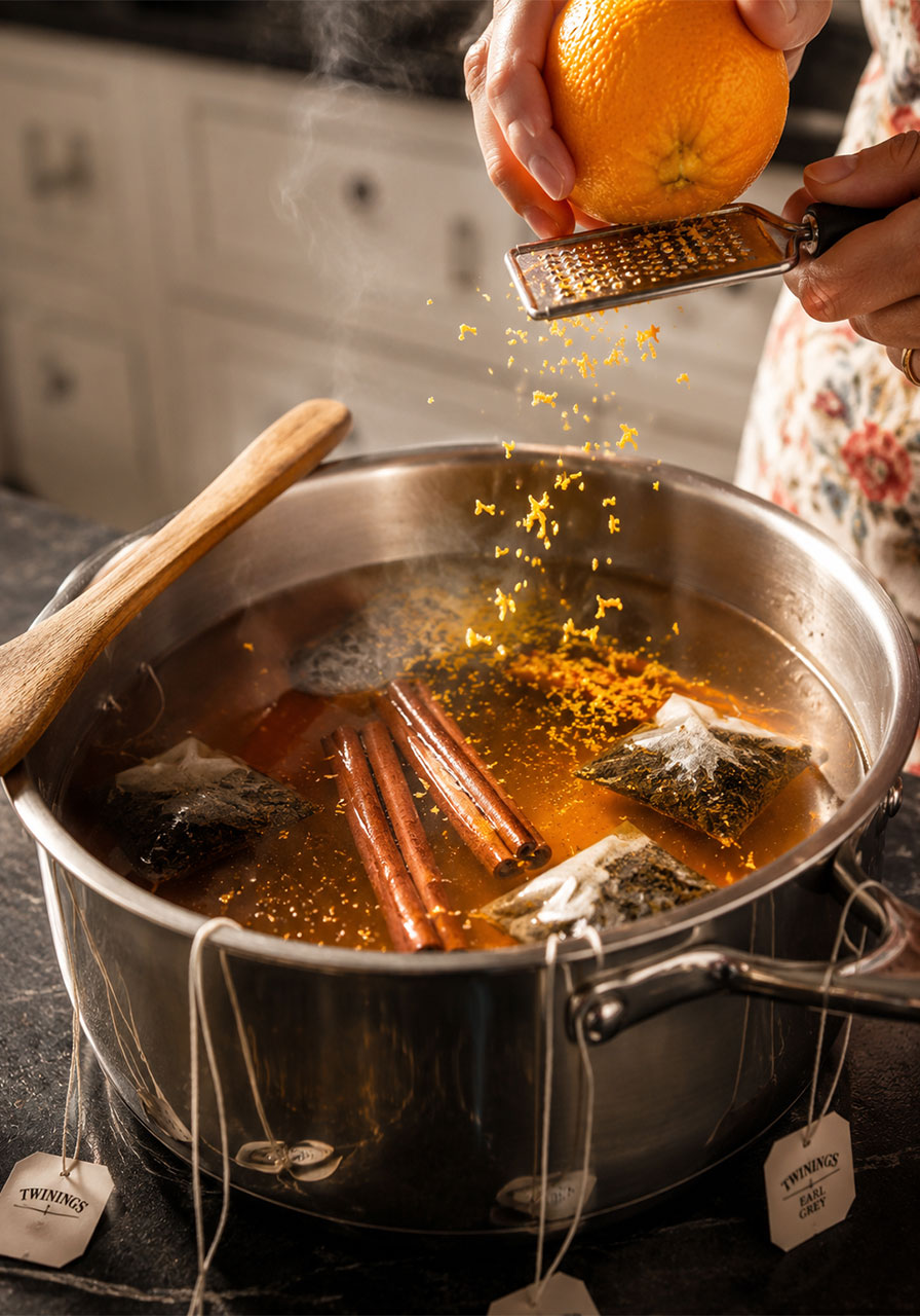Steeping black tea and cinnamon sticks for Easy Orange Cinnamon Iced Tea Recipe