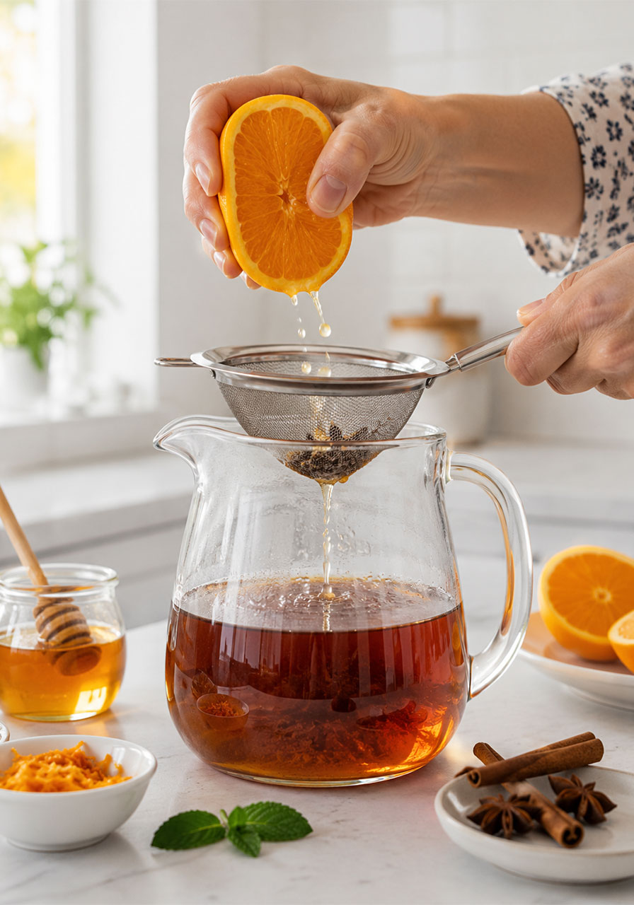 Straining tea and adding fresh orange juice for Easy Orange Cinnamon Iced Tea Recipe