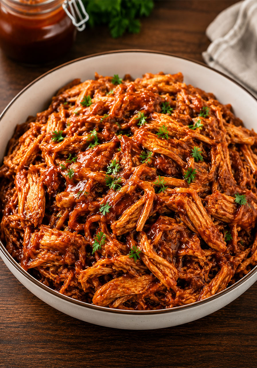 Large white serving bowl filled with saucy shredded crockpot BBQ pulled chicken ready to serve a crowd