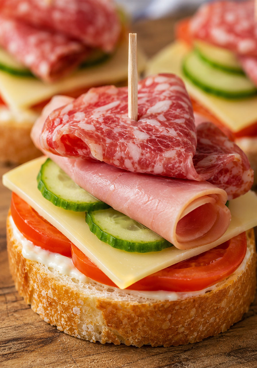 Close-up of a single easy tea club sandwich showing layers of ham, salami, Havarti cheese, cucumber, and tomato on toasted baguette