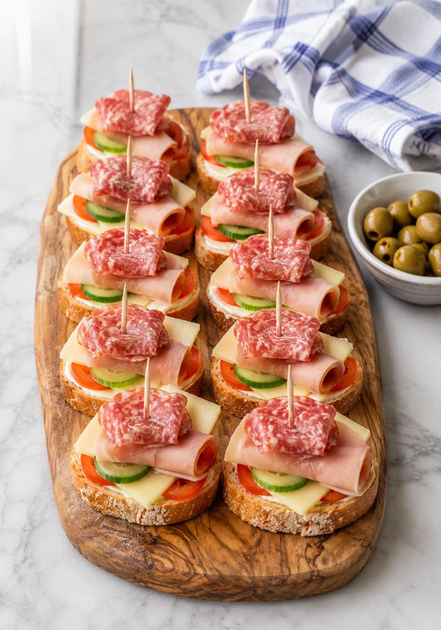 A wooden board of easy tea club sandwiches with ham, salami, cheese, tomato, and cucumber on toasted baguette slices