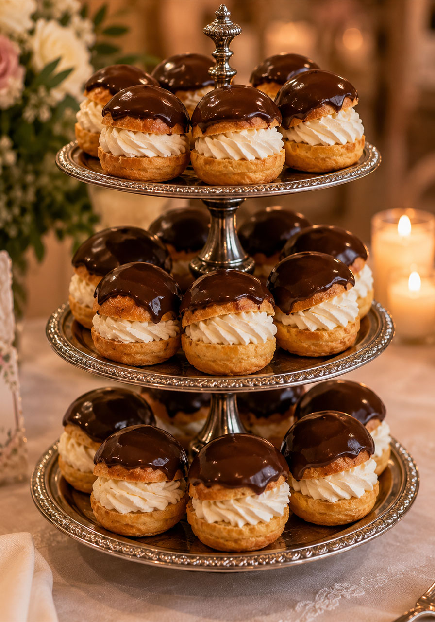 Elegant petite éclairs and cream puffs with chocolate glaze and cream filling on a silver tiered stand for a bridal shower dessert table