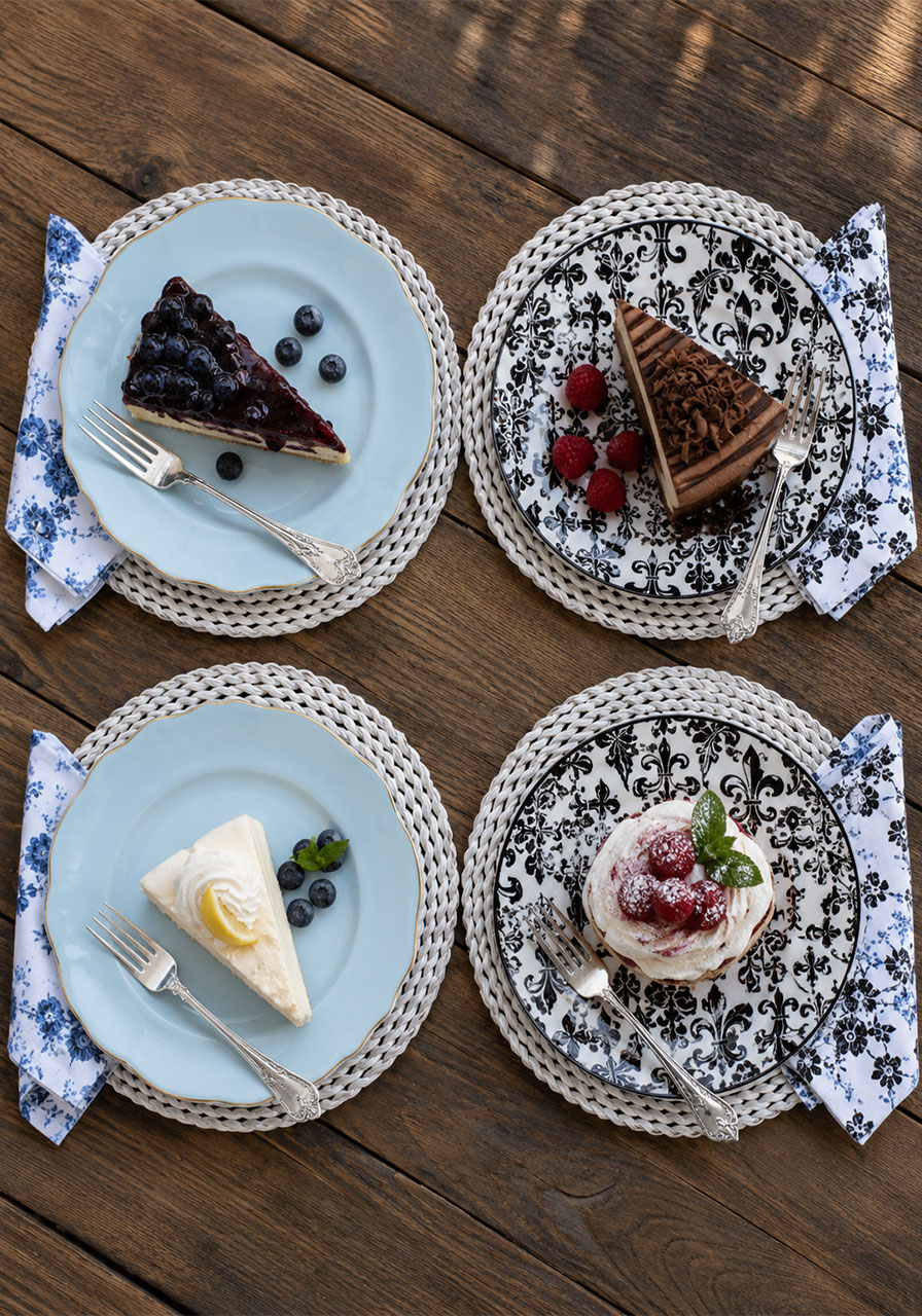 Eclectic blue and black-and-white plates mixed for a tea party table setting