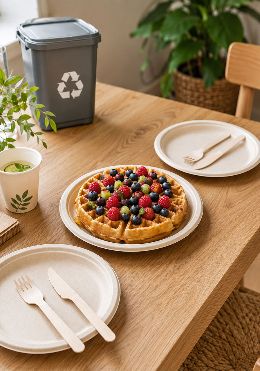 Eco-friendly compostable plates and wooden cutlery used at a sustainable waffle bar brunch party