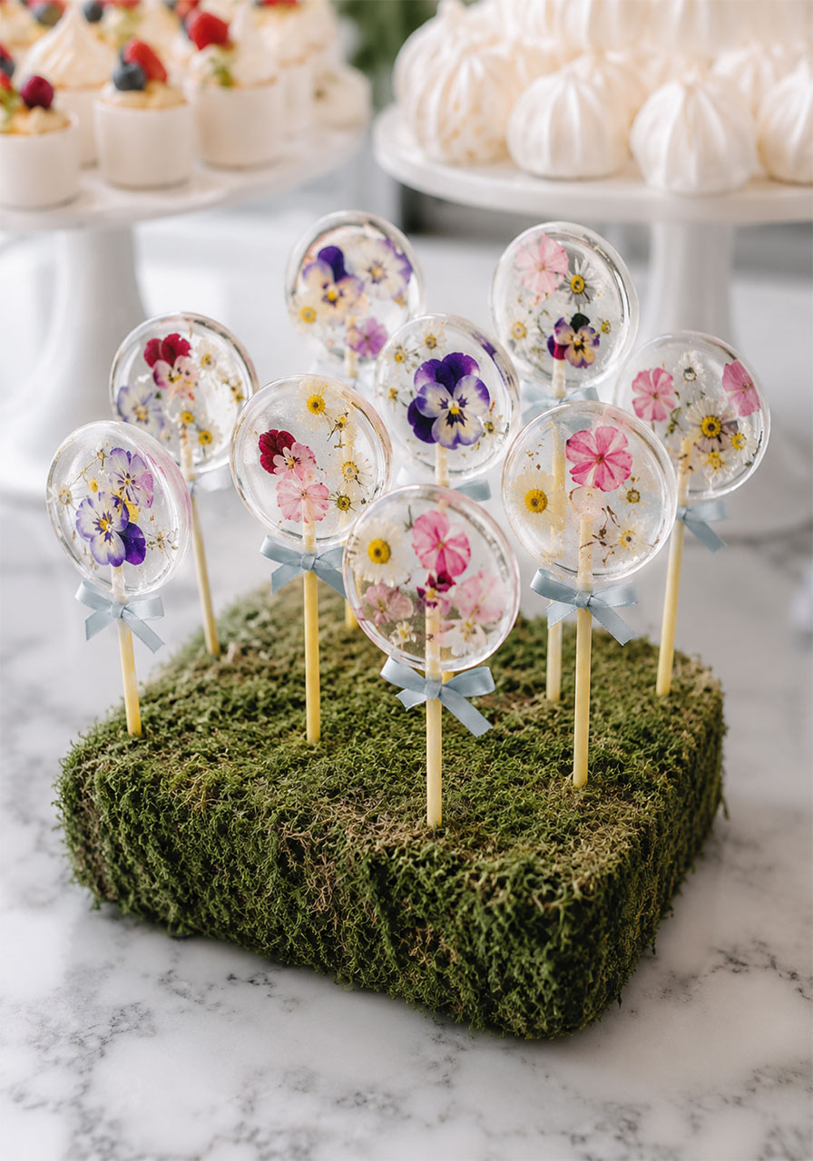 Clear hard candy edible flower lollipops with pressed violas and rose petals displayed on moss block for garden bridal shower dessert table