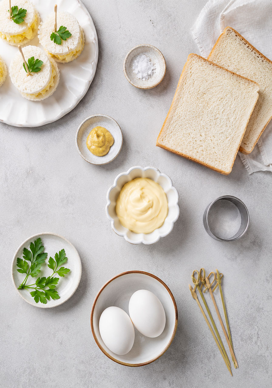 Overhead flat lay of all egg salad tea sandwich ingredients including eggs, Kewpie mayo, Dijon mustard, white bread, parsley, and sea salt