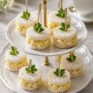 Full platter of round crustless egg salad tea sandwiches garnished with parsley on a white tiered serving plate