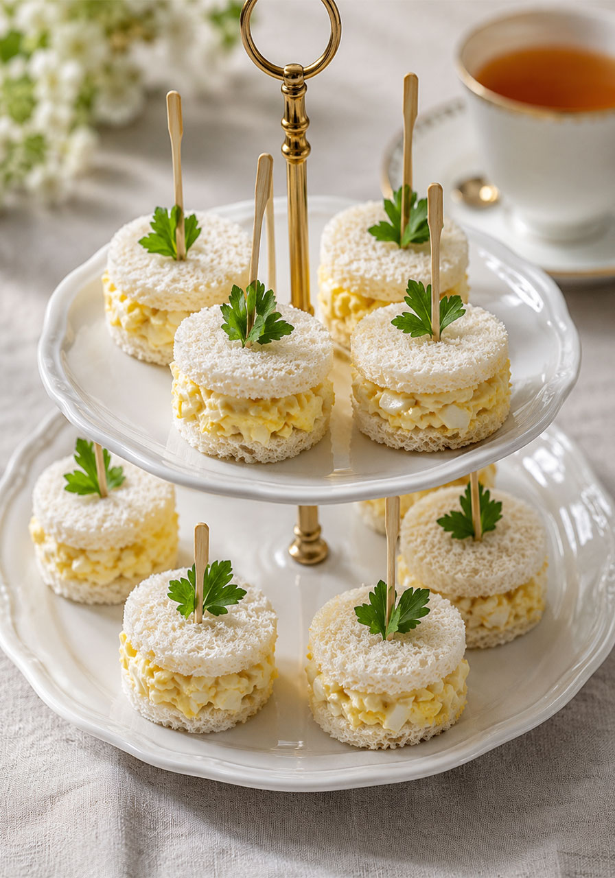 Full platter of round crustless egg salad tea sandwiches garnished with parsley on a white tiered serving plate