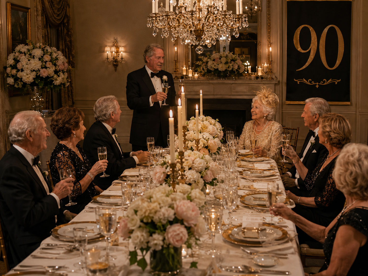 Elegant black-tie 90th birthday dinner party with formal table setting, candelabras, and champagne toast