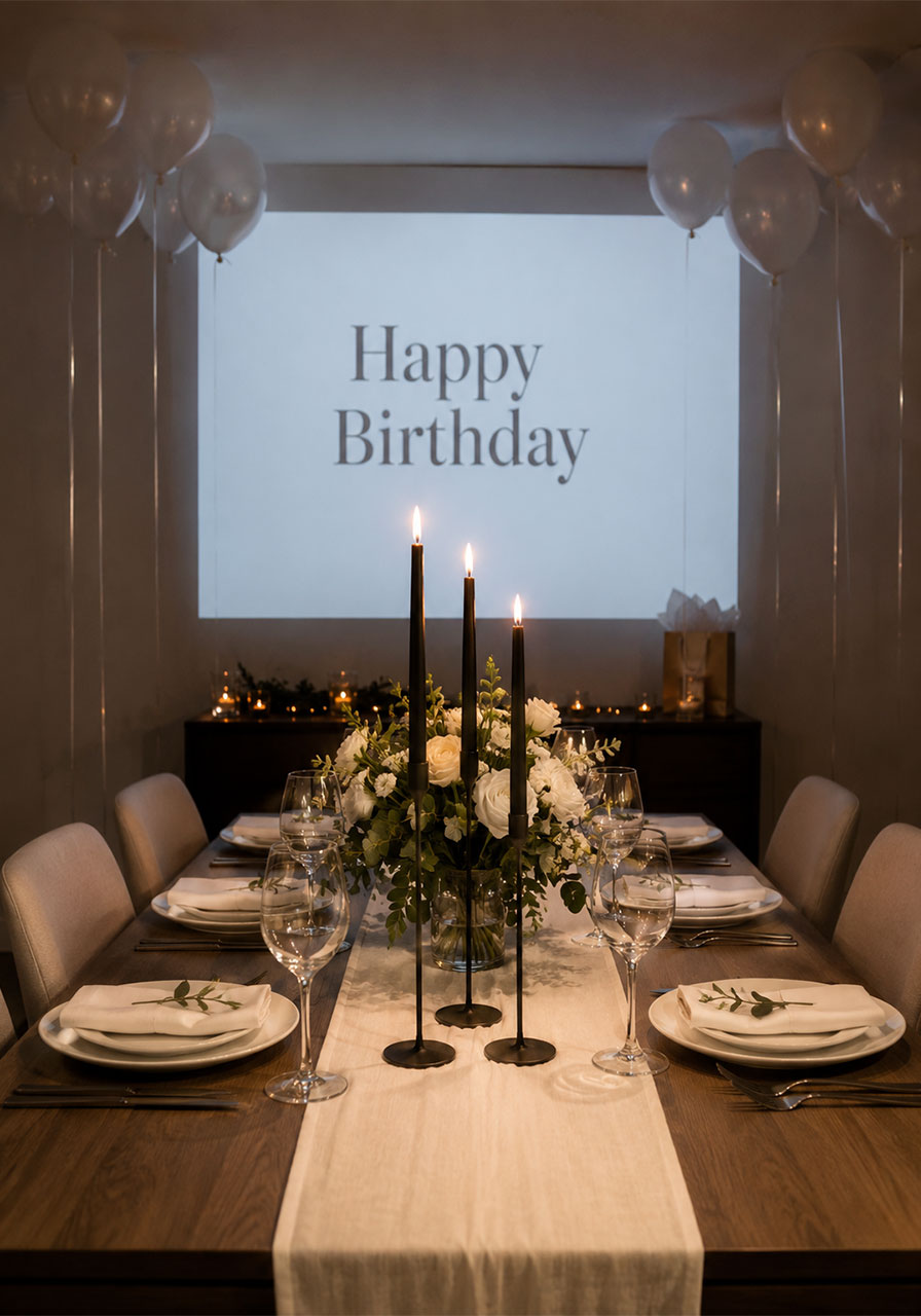 Elegant 18th birthday dinner table with candles, fresh flowers, and Happy Birthday projector display on wall