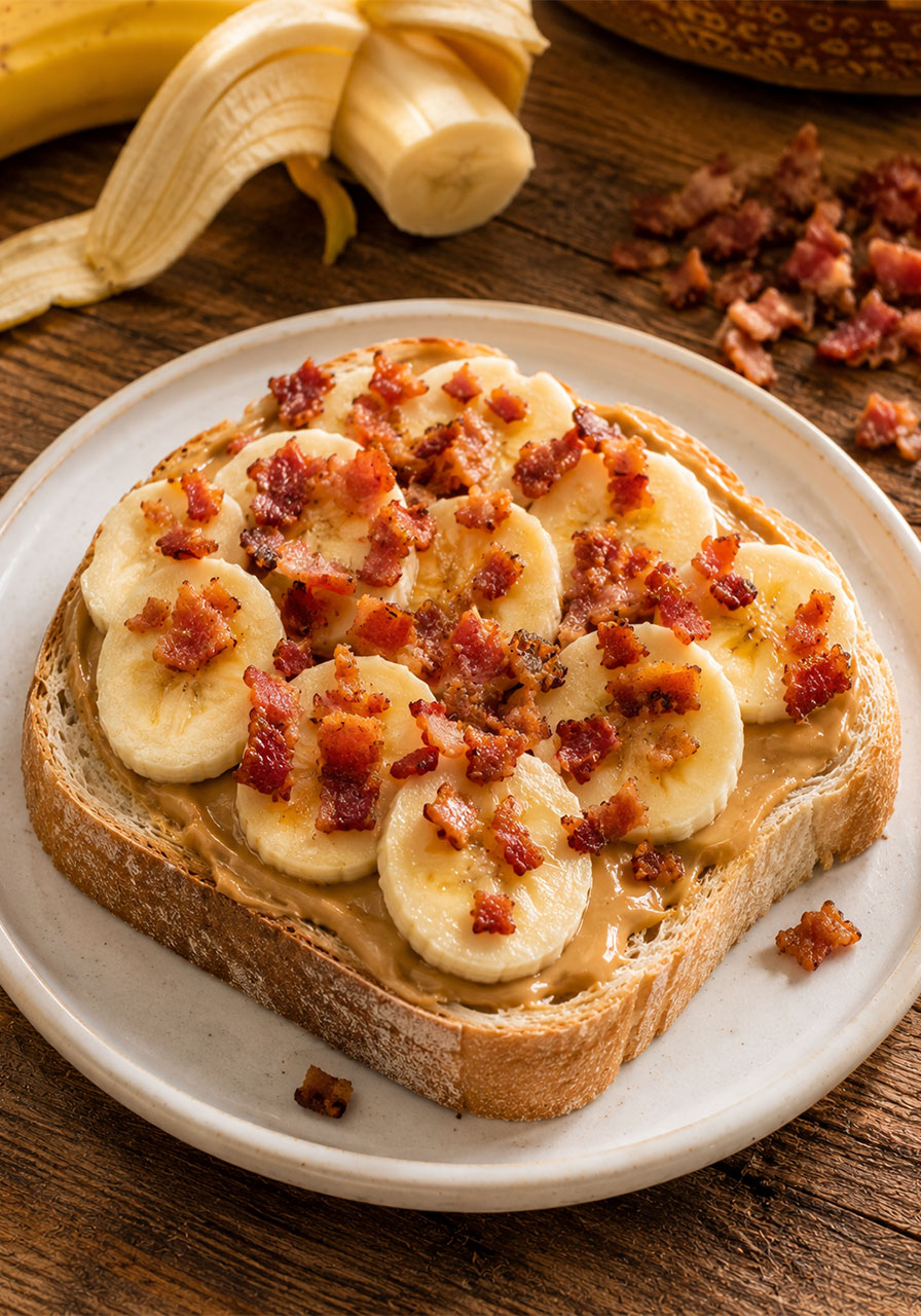 The Elvis sandwich with peanut butter banana slices and crumbled bacon on crusty bread, a no-cook summer classic