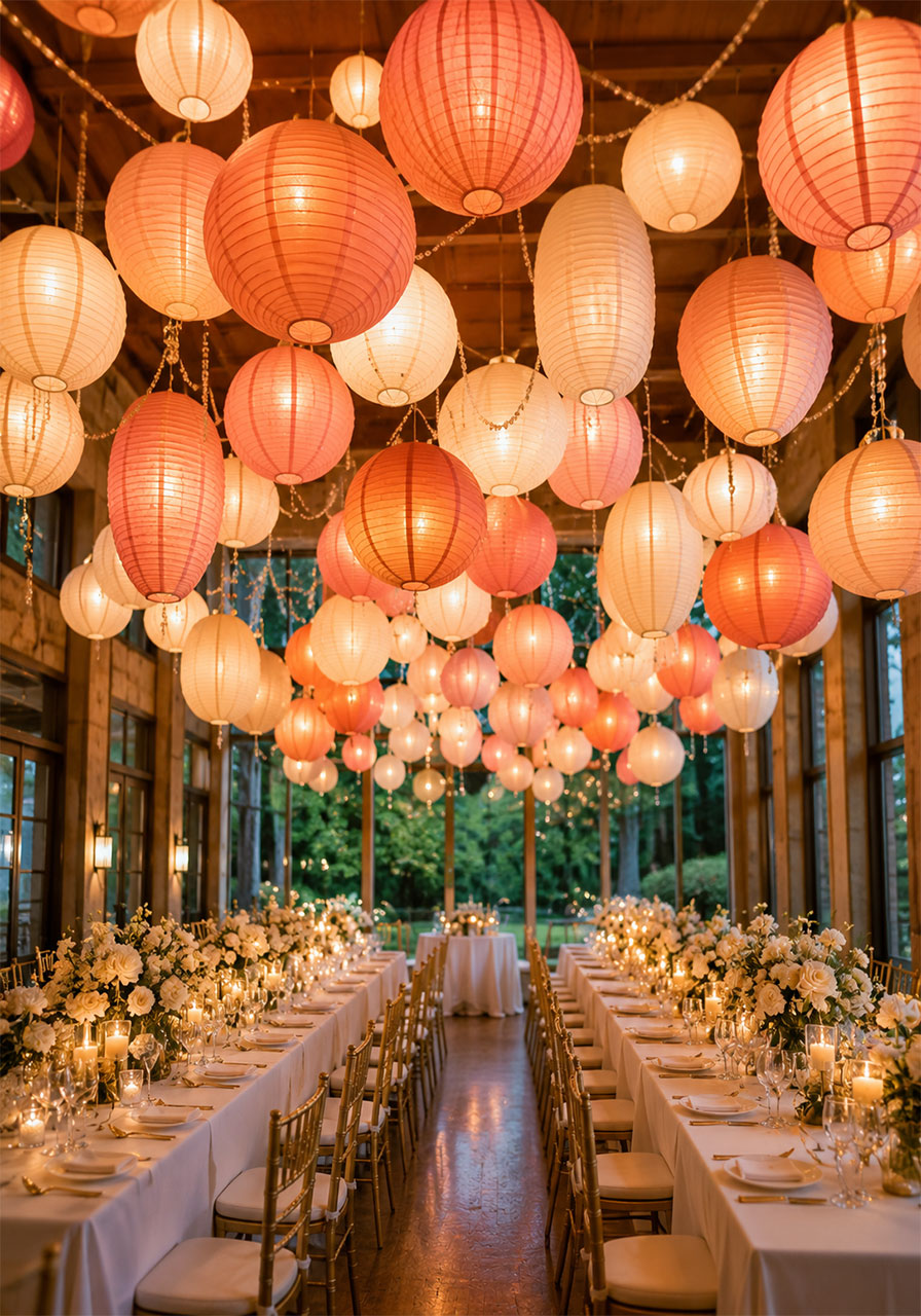 Enchanting ceiling canopy of blush and coral paper lanterns glowing warmly above a long banquet table for a magical 10th birthday party venue decoration
