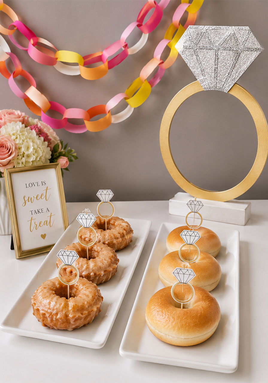 Engagement ring bagels and doughnuts with diamond paper toppers on white platter – creative at-home bridal shower food idea