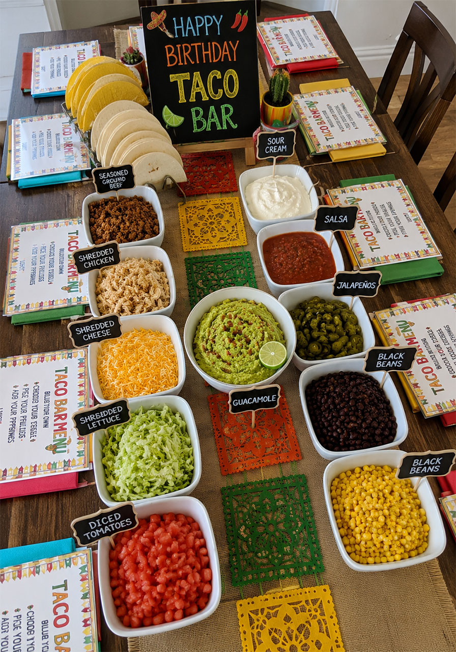 Epic DIY taco bar birthday party spread with labeled toppings bowls and guacamole for teen girls