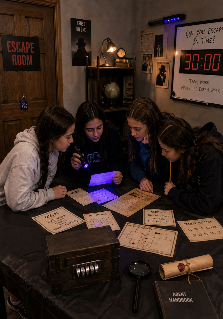 DIY escape room birthday party with locked box and clue cards for teen girls problem-solving challenge