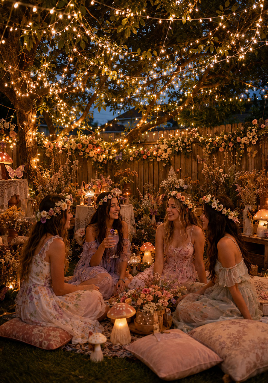 Teen girls in flower crowns at enchanted fairy garden birthday party with string lights and floral decor