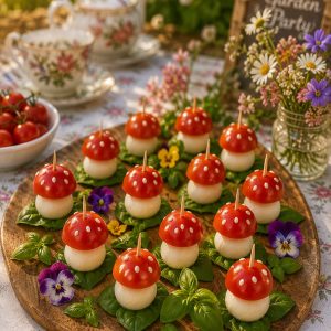 Styled fairy garden party appetizer table with toadstool caprese bites on a wooden board surrounded by edible flowers and fresh basil