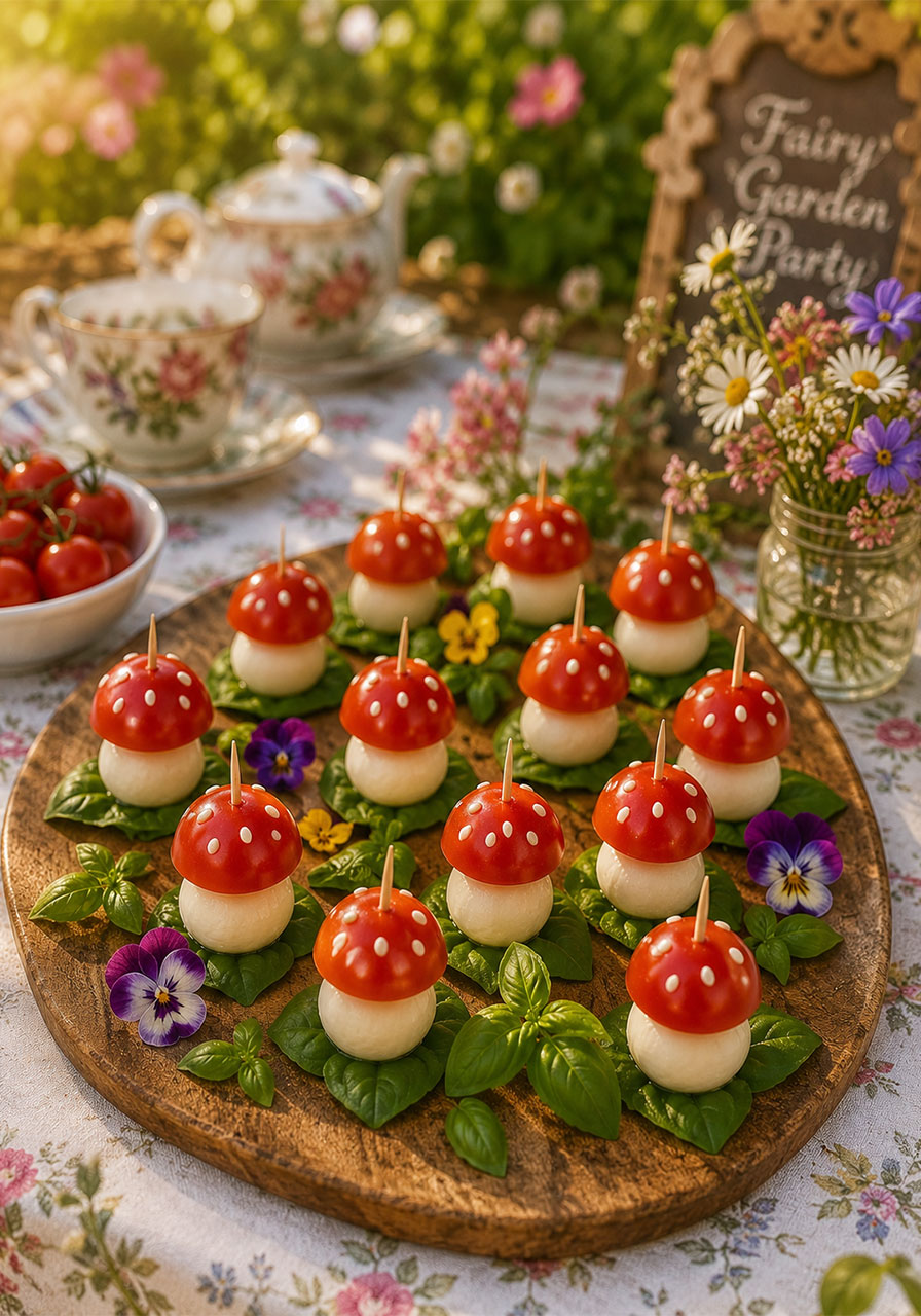 Styled fairy garden party appetizer table with toadstool caprese bites on a wooden board surrounded by edible flowers and fresh basil